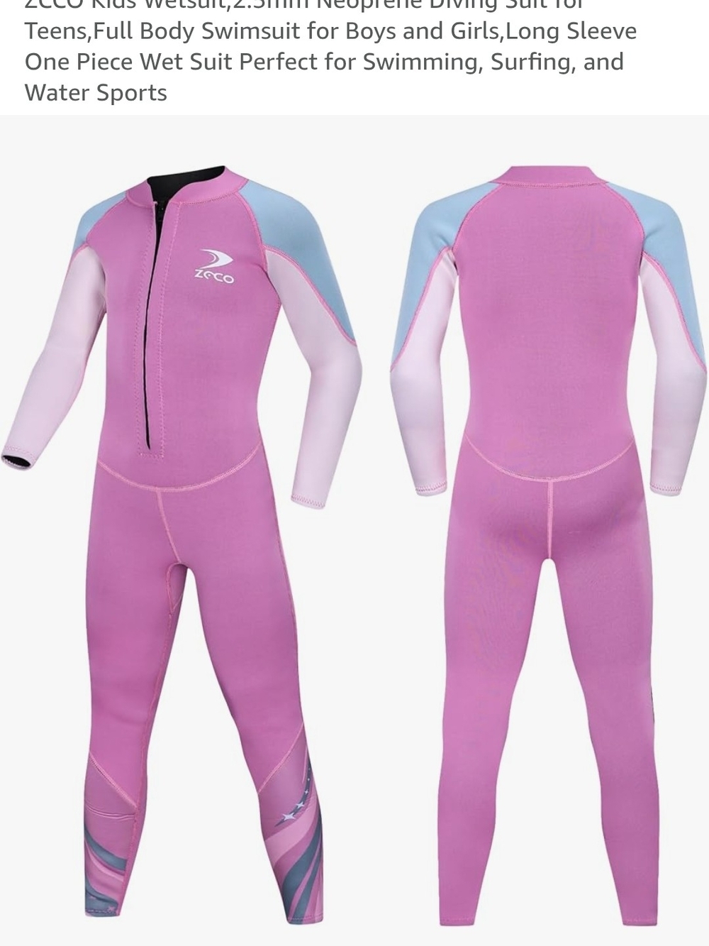 Zcco Kids Pink Full-Body Wetsuit 2.5mm Swim Vacation